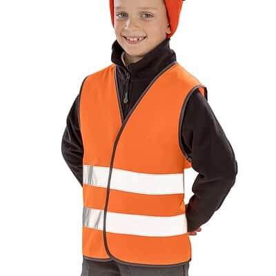 High-visibility junior safety vest in orange with reflective stripes, ideal for personalised workwea.