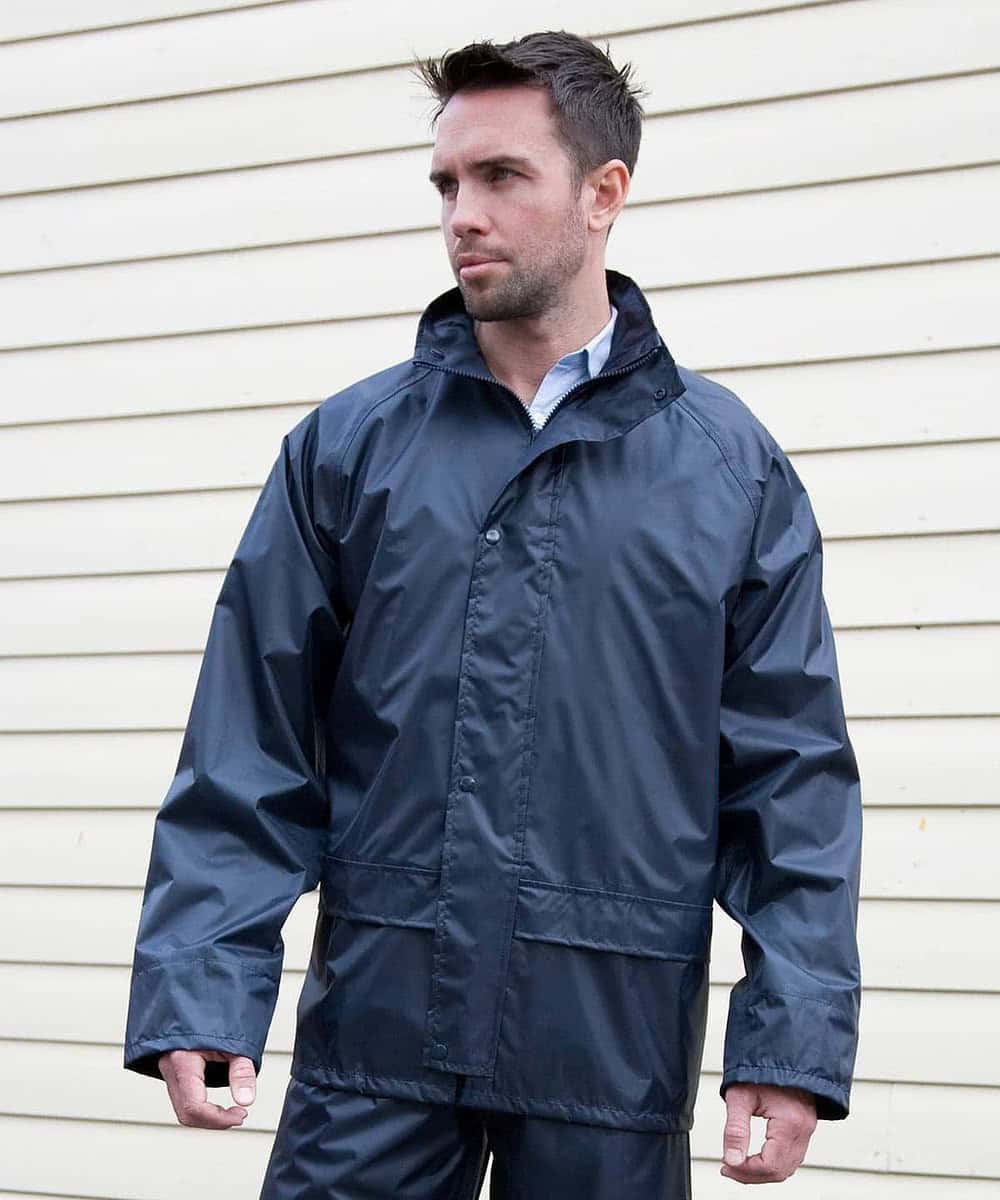 High-quality navy rain jacket for embroidery, perfect for personalised workwear and printed clothing.