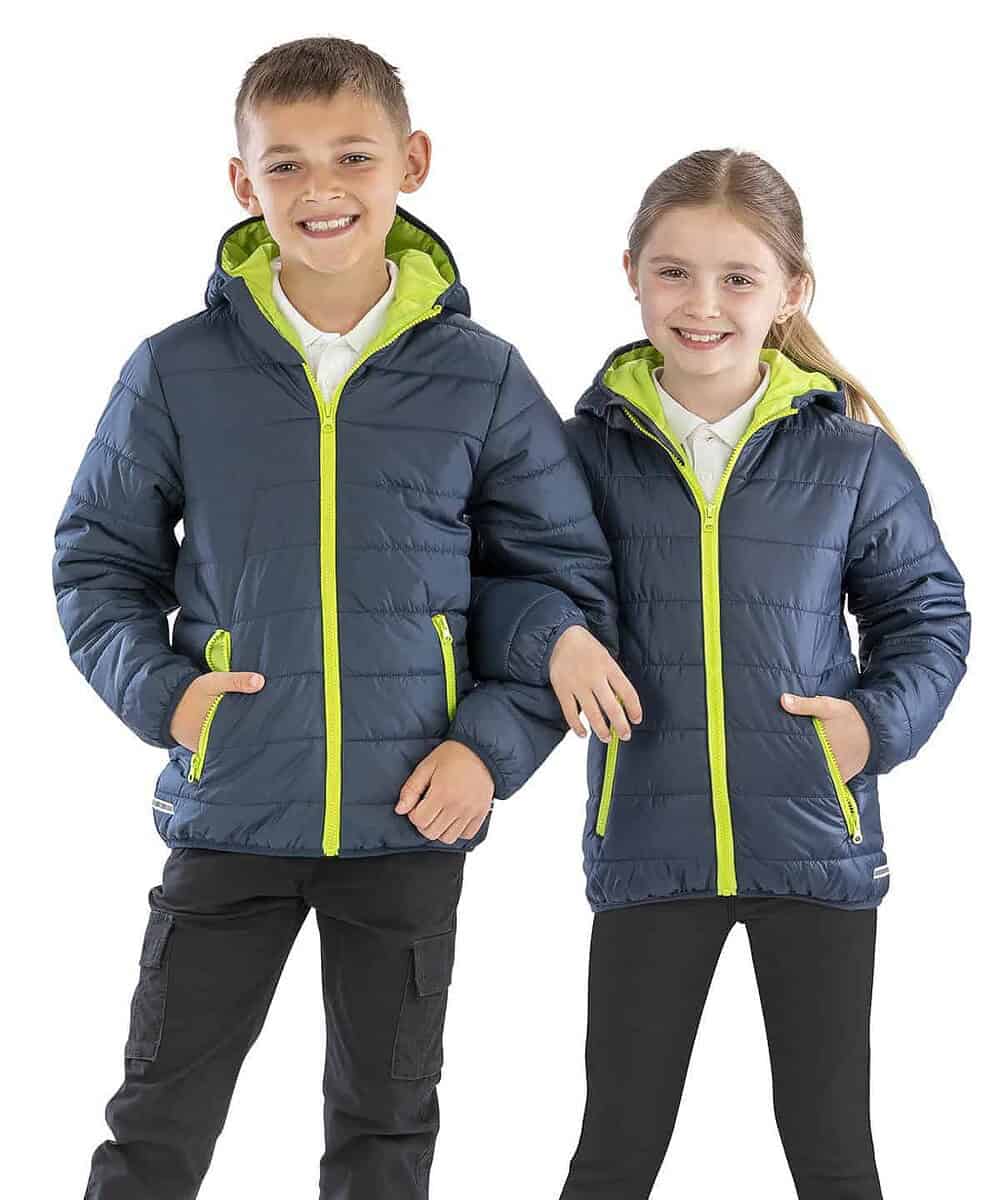 Child wearing navy blue padded jacket with lime green accents, suitable for embroidery.