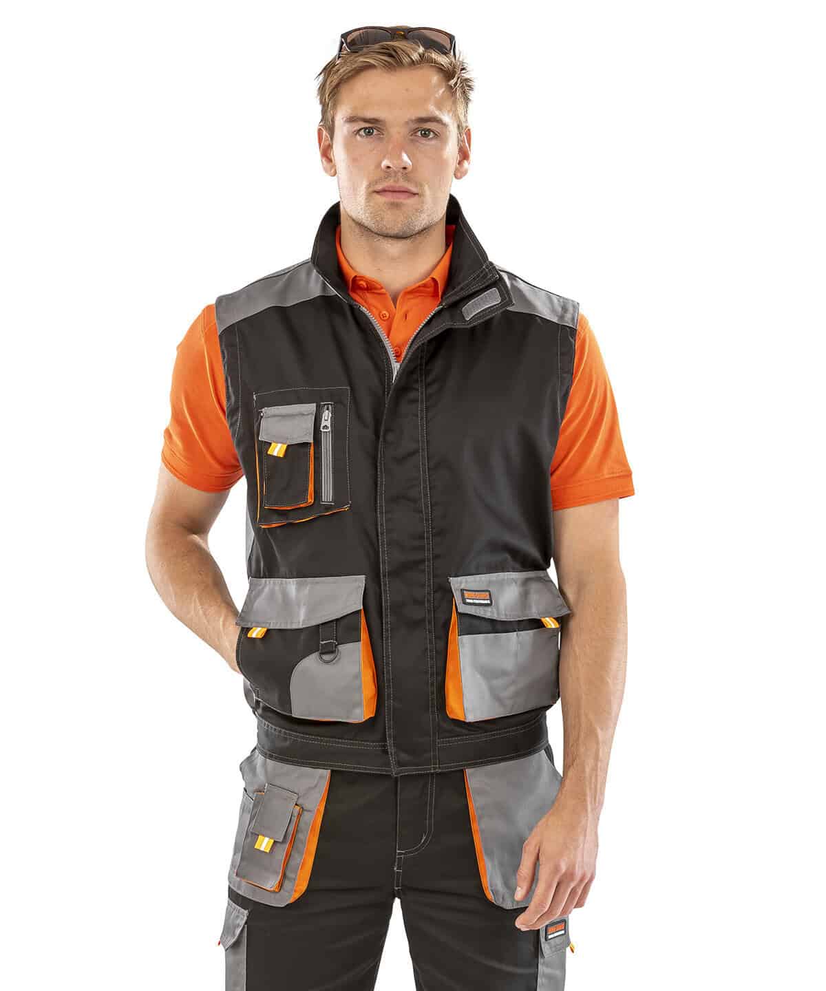 High visibility workwear with multiple embroidered pockets and reflective strips.