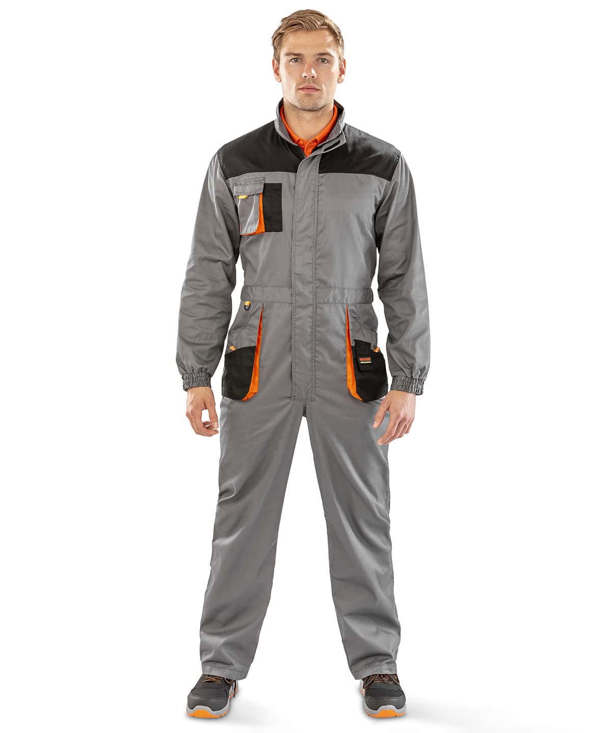 High-visibility workwear with embroidered personalised logo, durable work jumpsuit with multiple pockets, suitable for industrial and construction personnel, designed for safety and comfort.