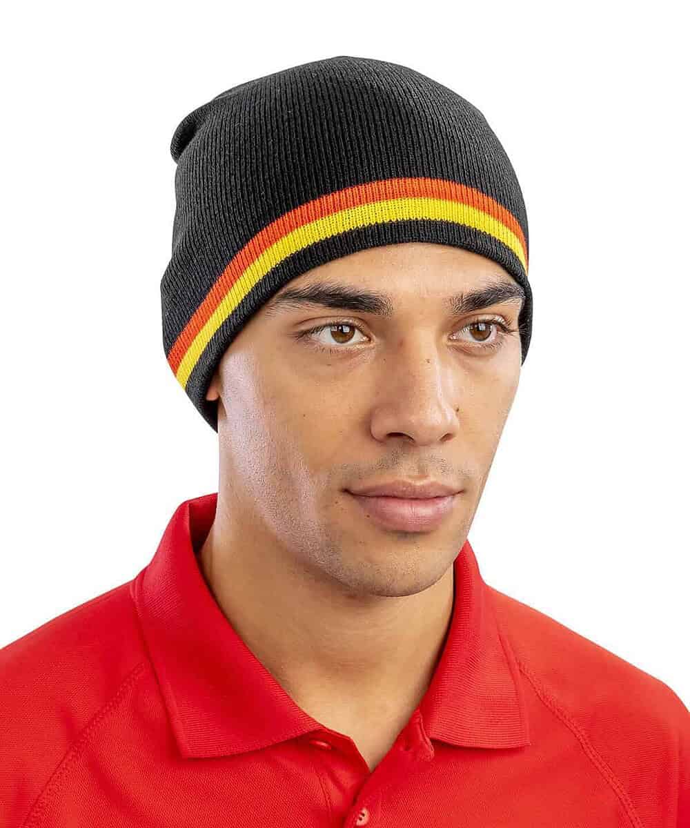 Black winter beanie with red and yellow stripes, personalised with your logo.