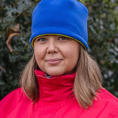 Reversible fleece skull hat in blue, perfect for winter, customisable with your logo or design.