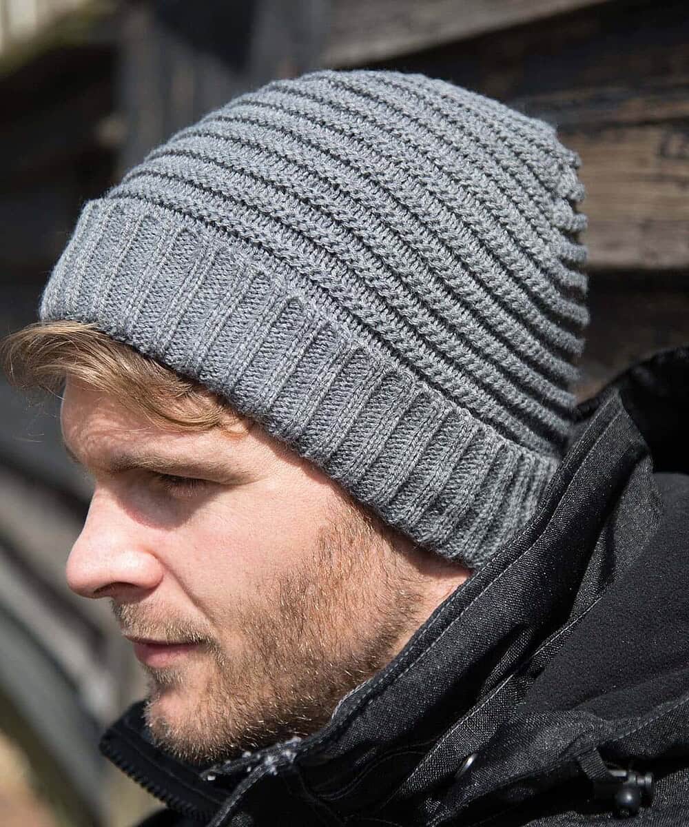 Embroidered grey knitted beanie hat with braided design, ideal for personalised workwear and promoti.