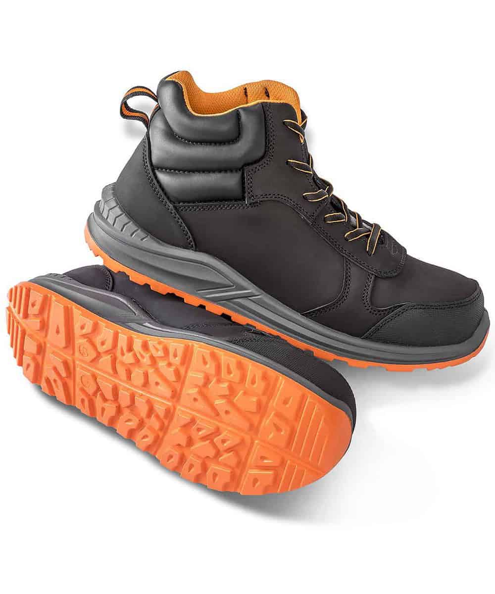 Safety boot with orange sole and black upper, personalised with logo.