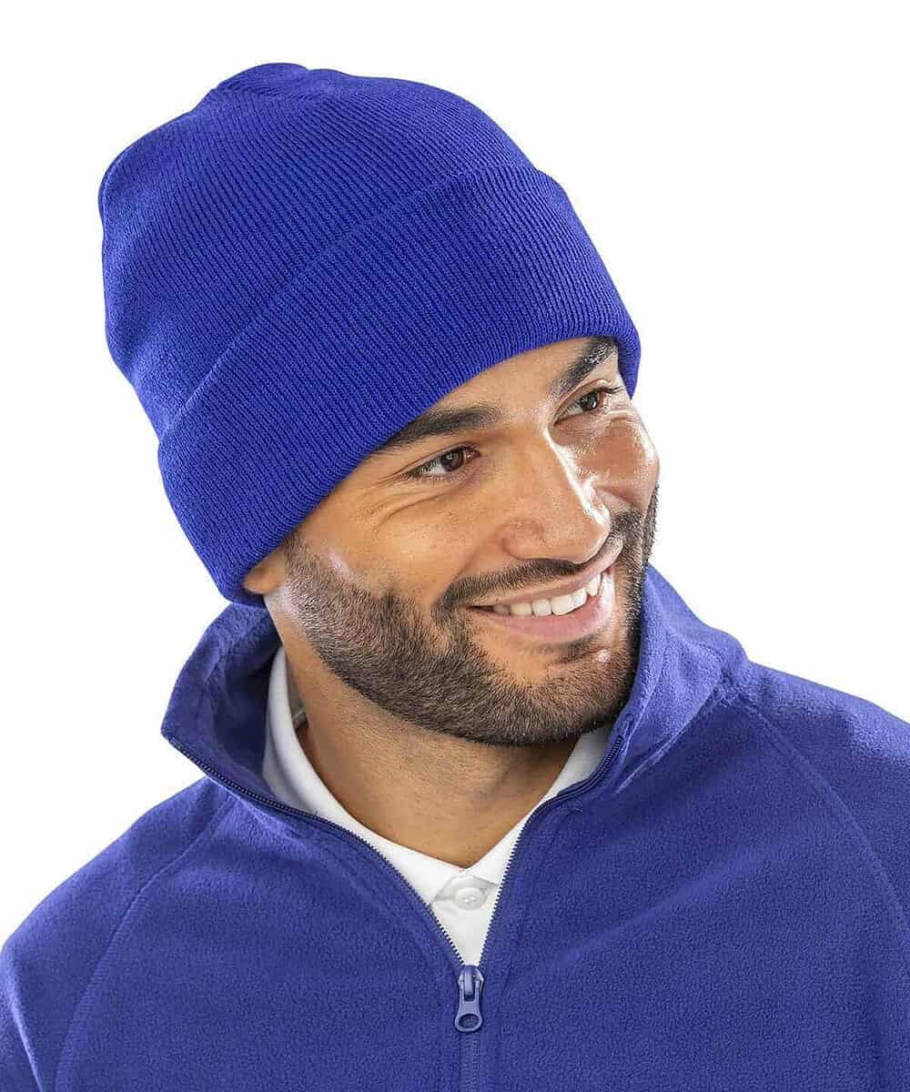 Embroidered blue woolly ski hat featuring personalised logo for winter workwear or casual wear.