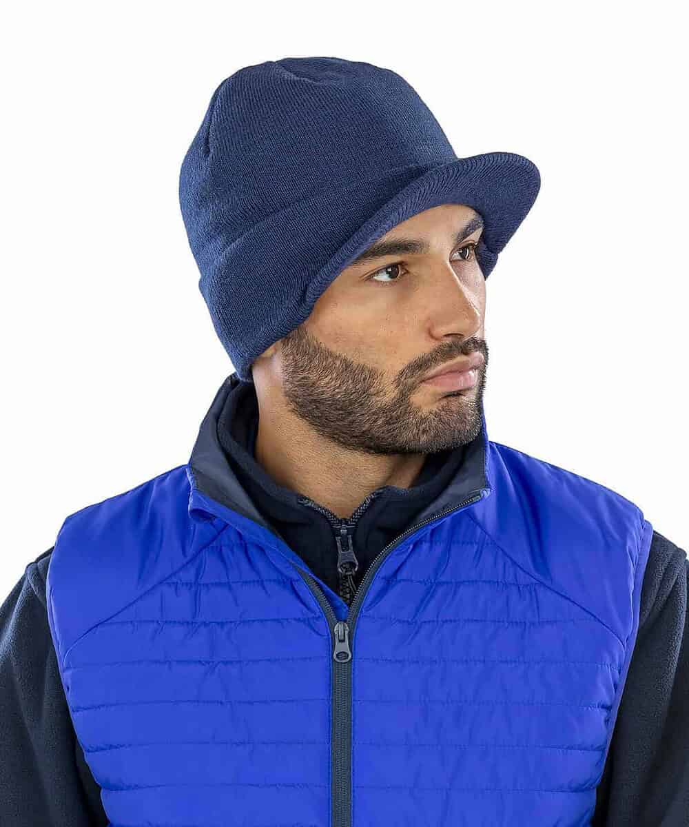 Knitted army-style hat in navy blue, ideal for winter workwear and team uniforms.