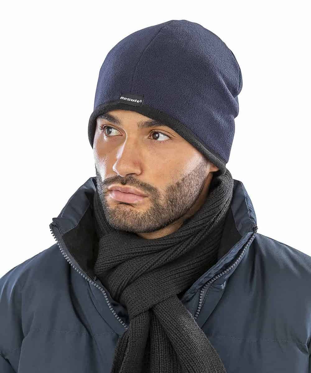 Reversible microfleece bob hat with personalised logo, ideal for winter workwear and outdoor activit.
