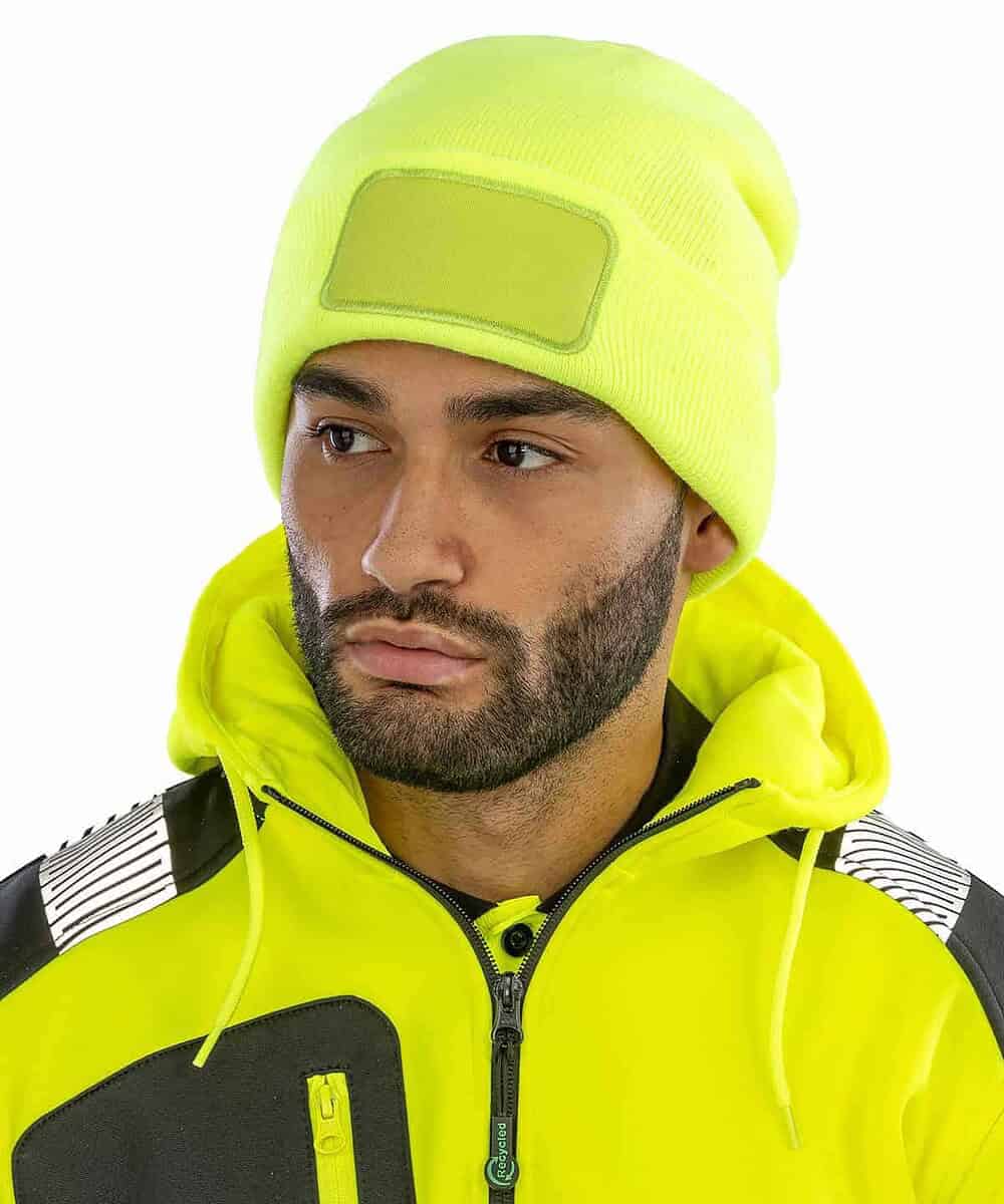 Embroidered high-visibility beanie with logo for winter workwear. Perfect for cold weather and brand.