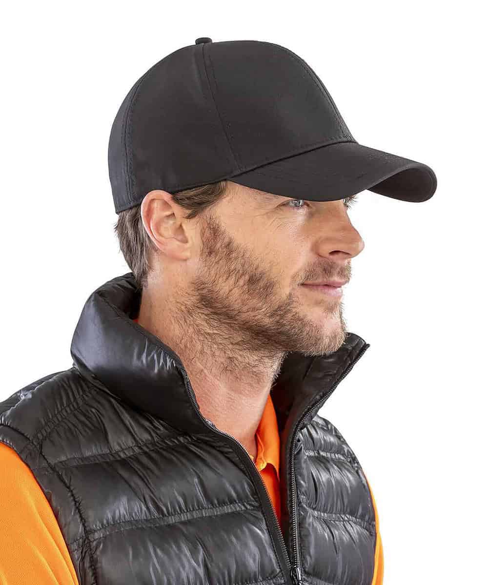 Embroidered black softshell cap with personalised logo, ideal for sports and outdoor workwear.