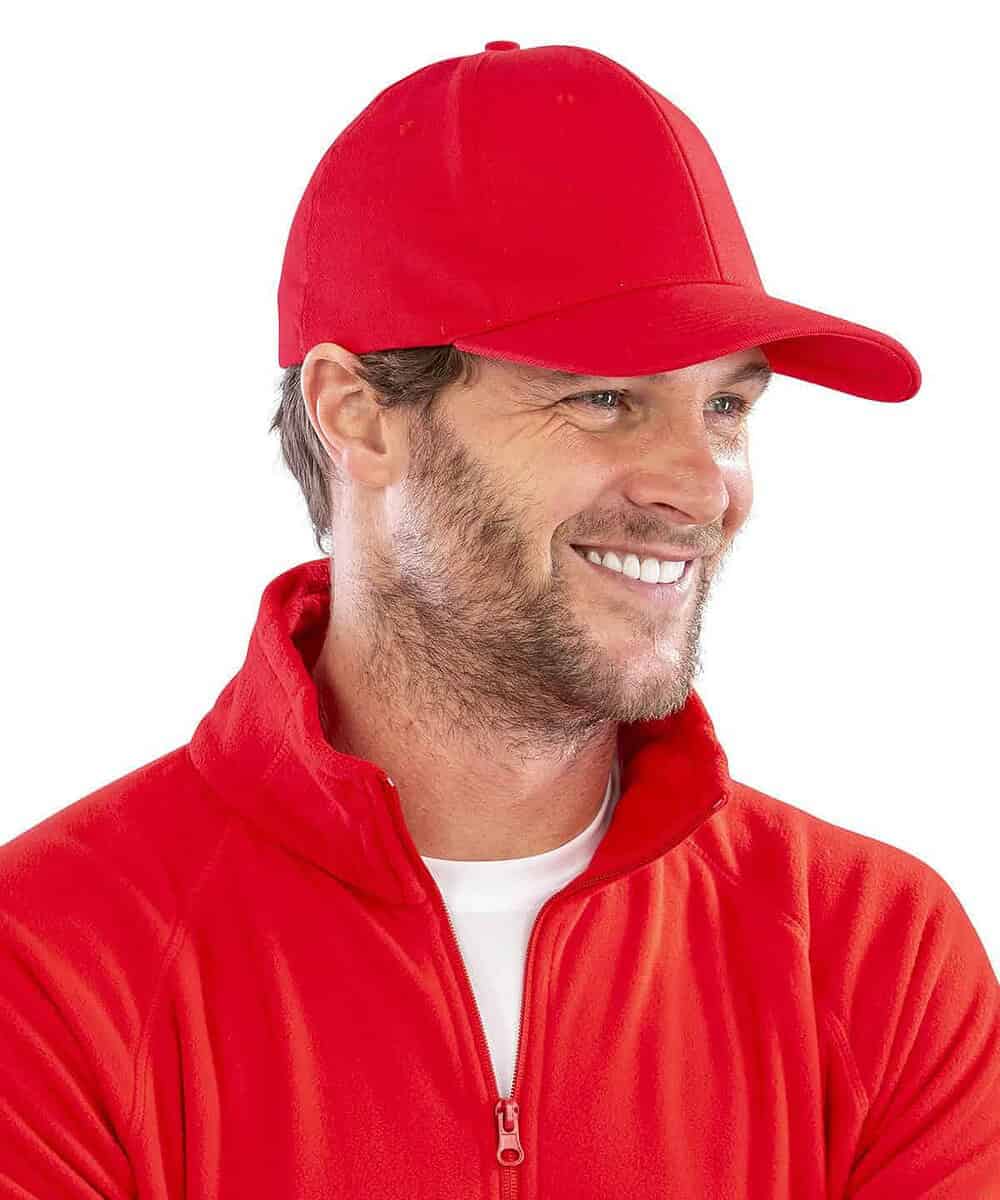 Red cap with embroidered logo, casual headwear for work or leisure.