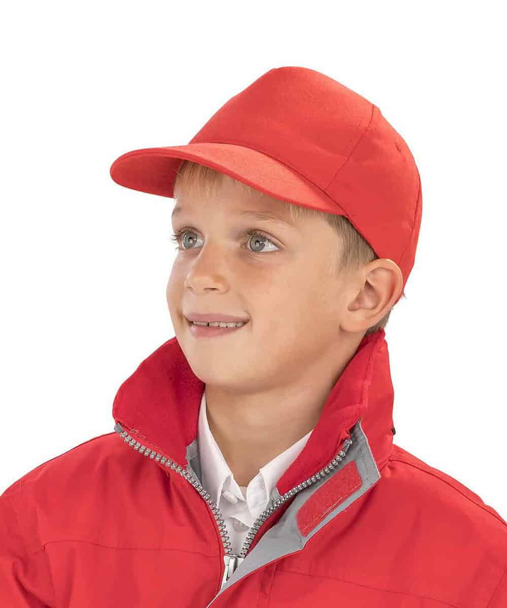 Red Boston Junior 65/35 Polycotton Cap with personalised logo for kids.