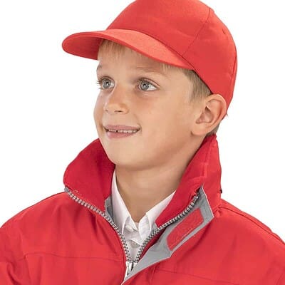 Red Boston Junior 65/35 Polycotton Cap with personalised logo for kids.