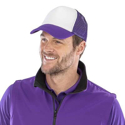 Embroidered ½ mesh trucker cap in white and purple with personalised logo. Perfect for promotional h.