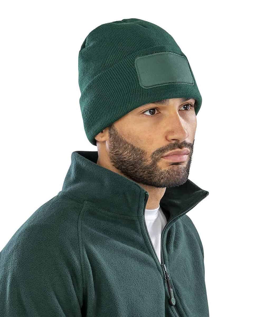 Recycled double knit beanie hat with personalised logo embroidery. Eco-friendly headwear perfect for.