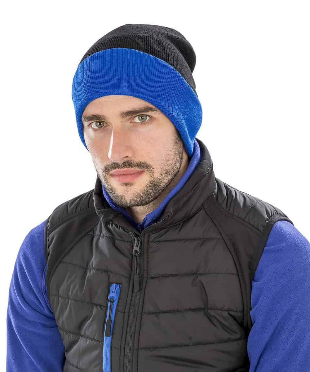 Recycled RC930 beanie with personalised logo, ideal for workwear and promotional clothing.