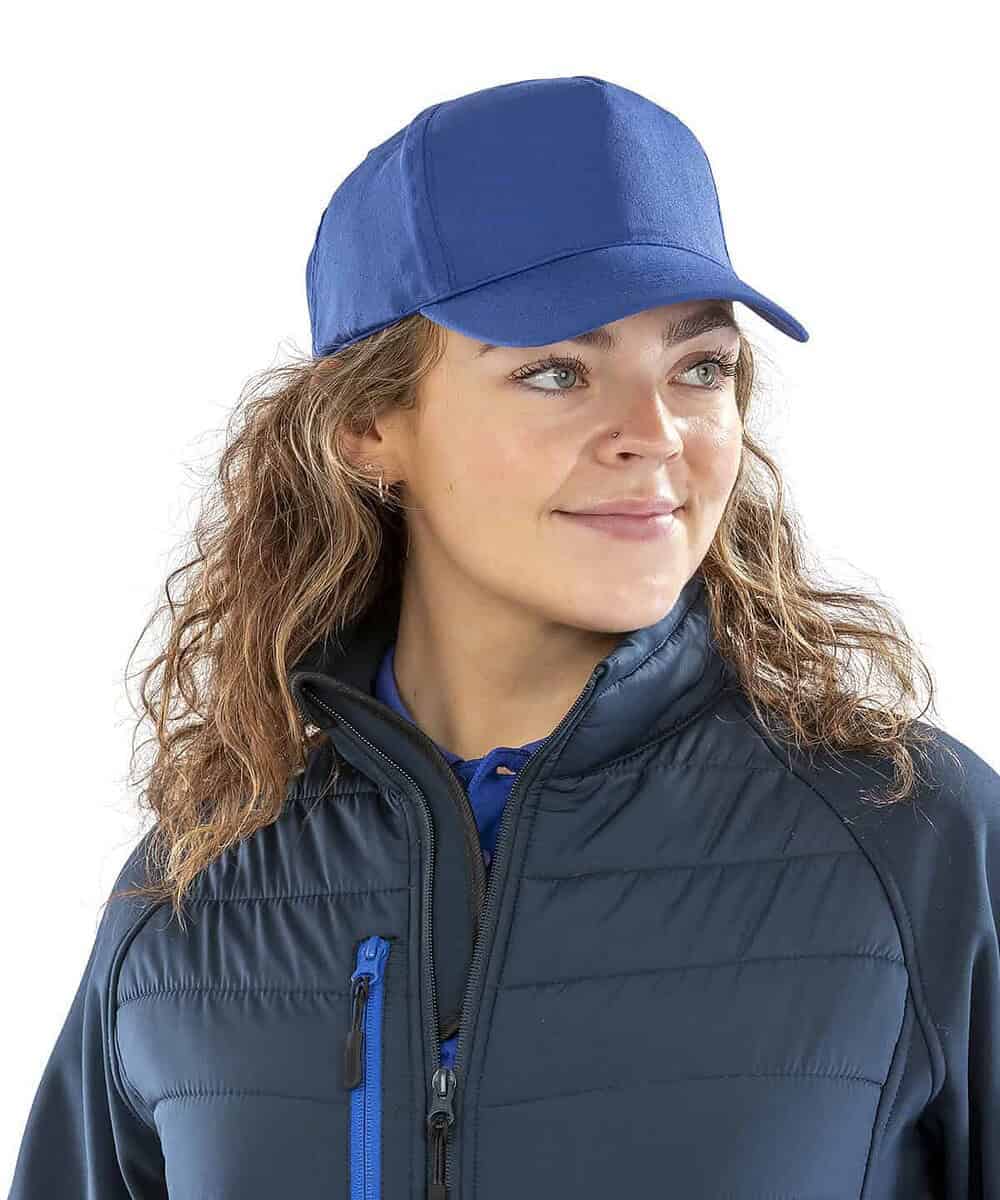 Recycled RC984 core baseball cap with personalised logo embroidery. Eco-friendly headwear for work o.