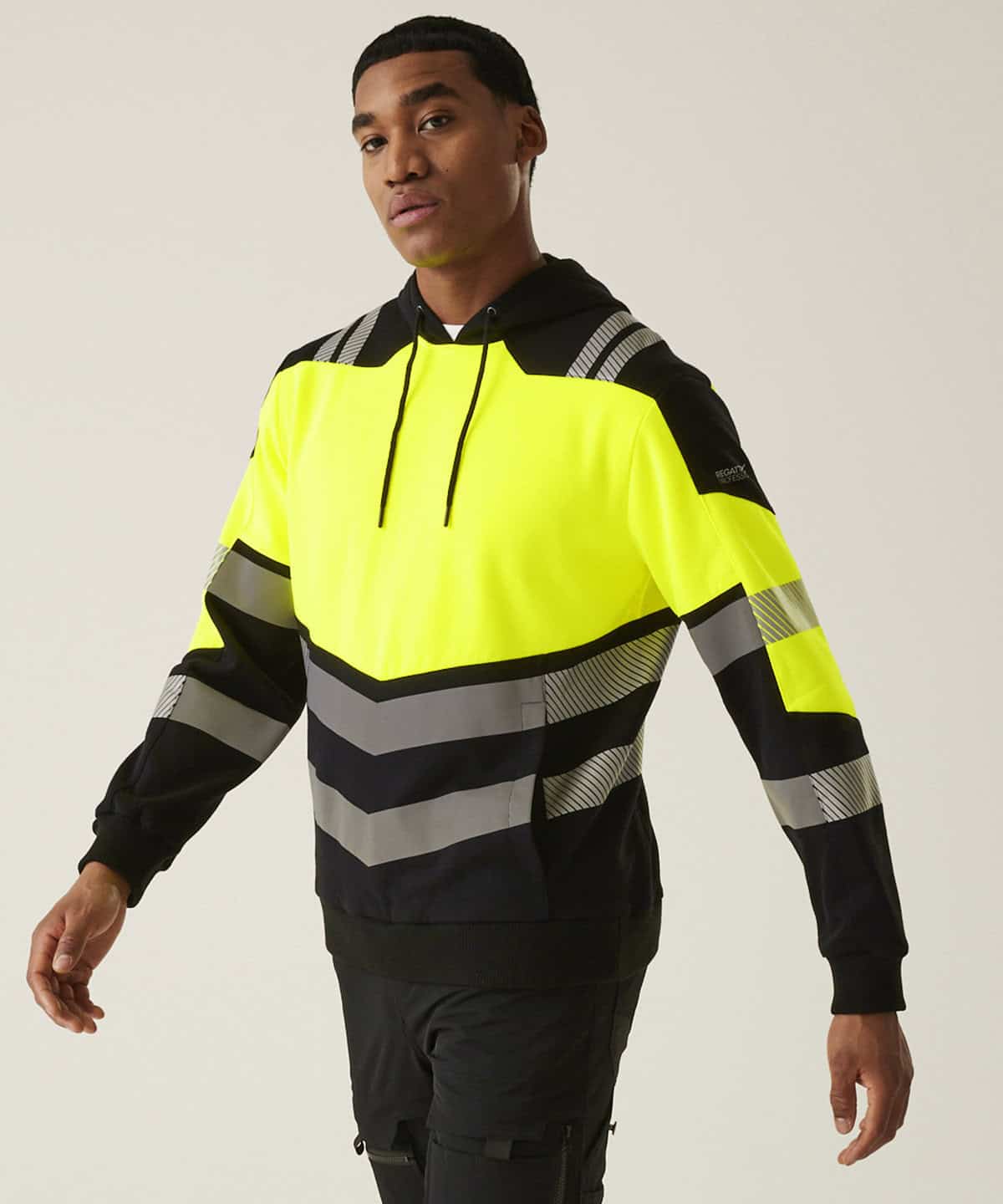 High-visibility embroidered workwear hoodie, perfect for construction and safety personnel, featuring reflective stripes and customisable branding for professional uniform personalization.