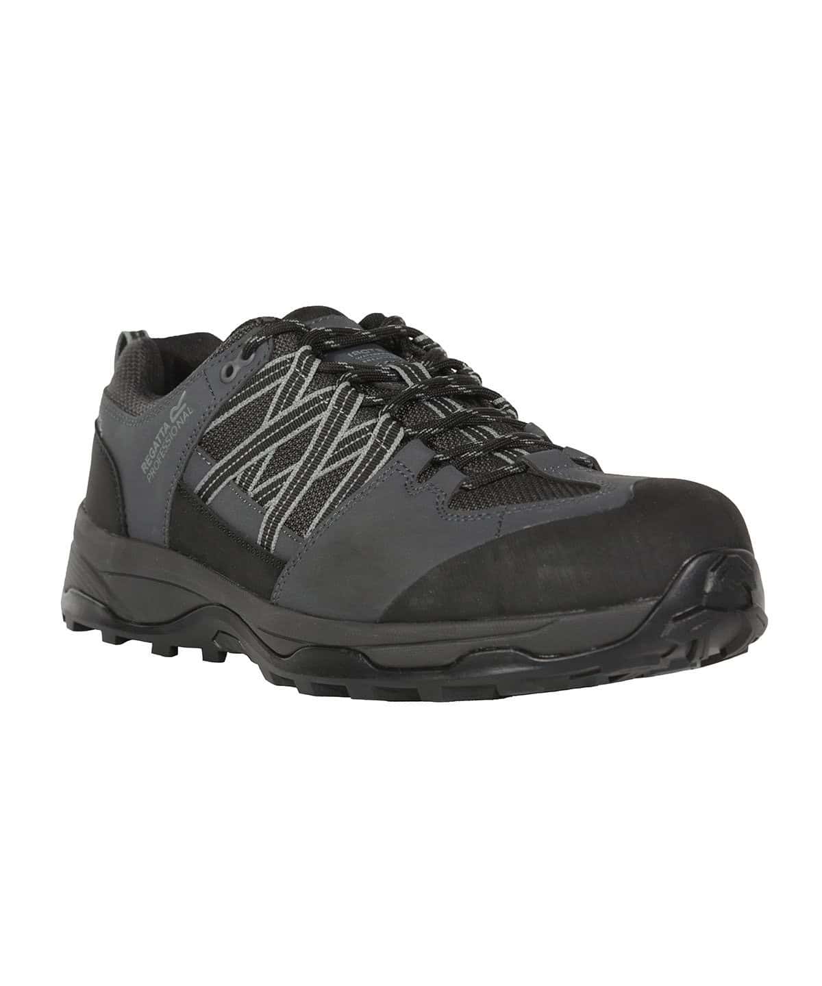 Water-resistant black work shoe with durable upper and slip-resistant sole for safety in industrial and construction environments. Ideal for personalised workwear and safety footwear.