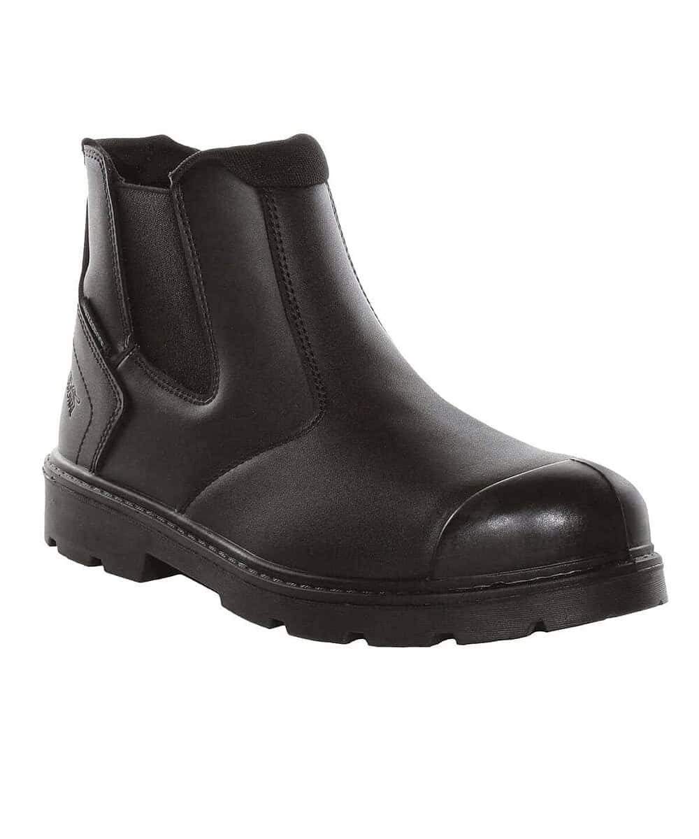 Black waterproof S3 safety boot with slip-resistant sole for industrial use.