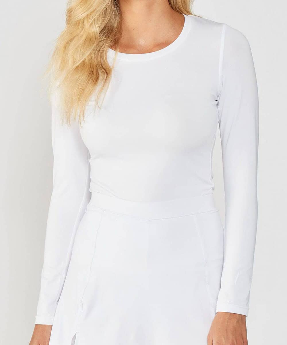 Womens white long sleeve base layer top, ideal for workwear and sports.