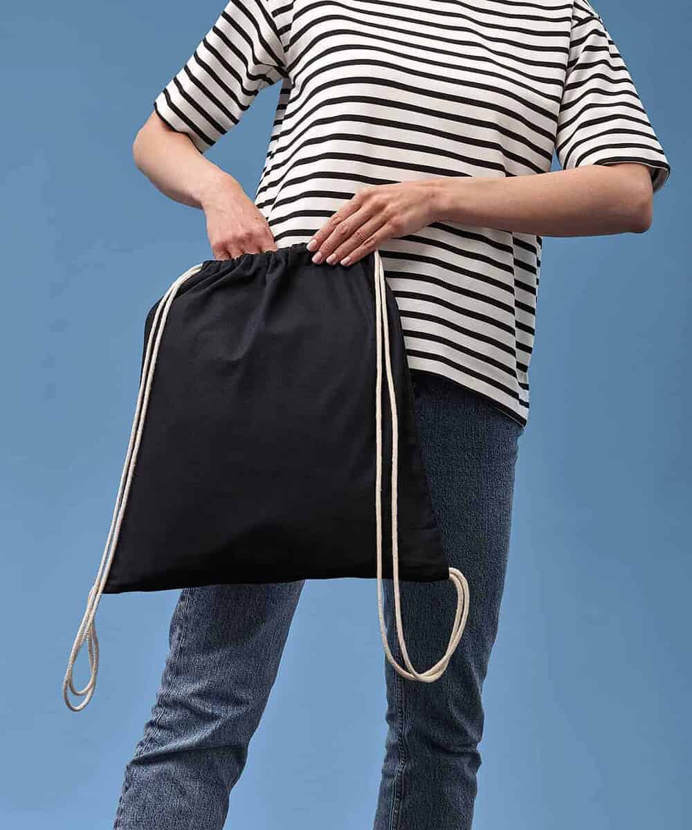 Black gym sack with drawstrings, ideal for personalised branding and logo display.