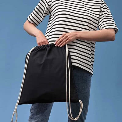 Black gym sack with drawstrings, ideal for personalised branding and logo display.