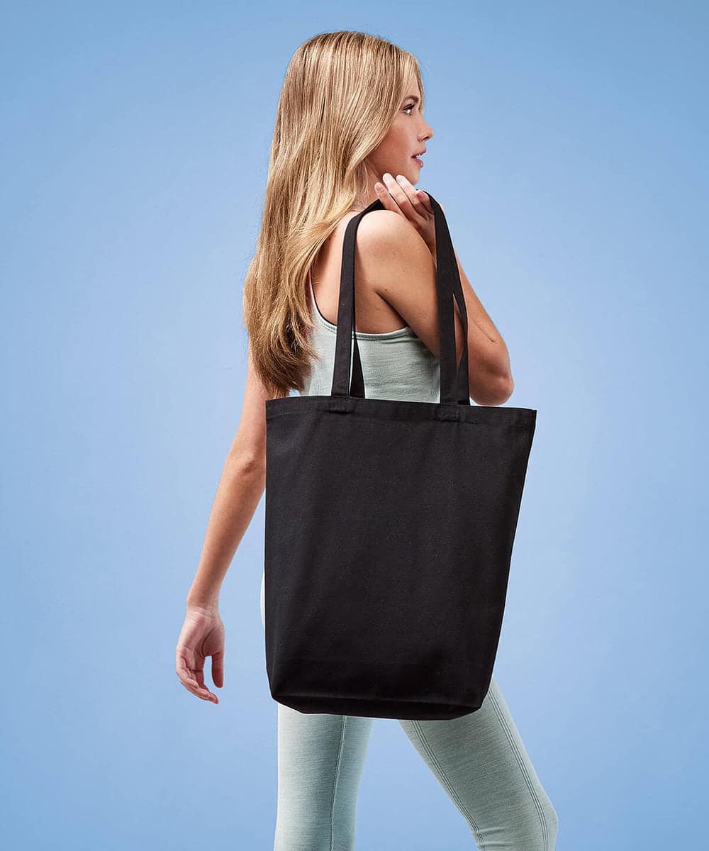 Black canvas tote bag with long handles, ideal for personalised logo printing.