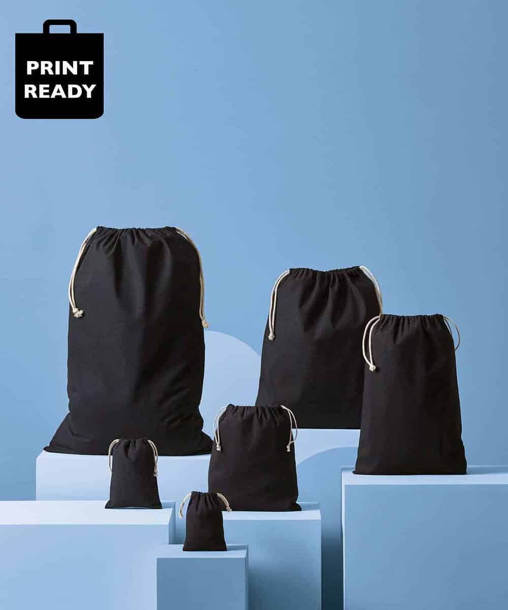Reusable black cotton drawstring bag for personalised branding.
