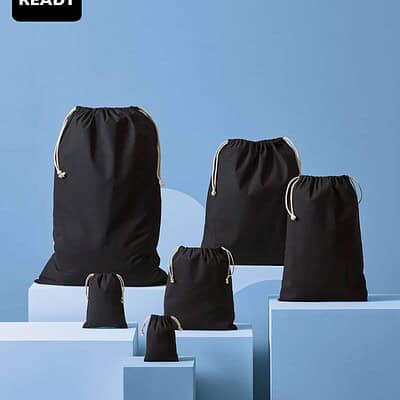 Reusable black cotton drawstring bag for personalised branding.