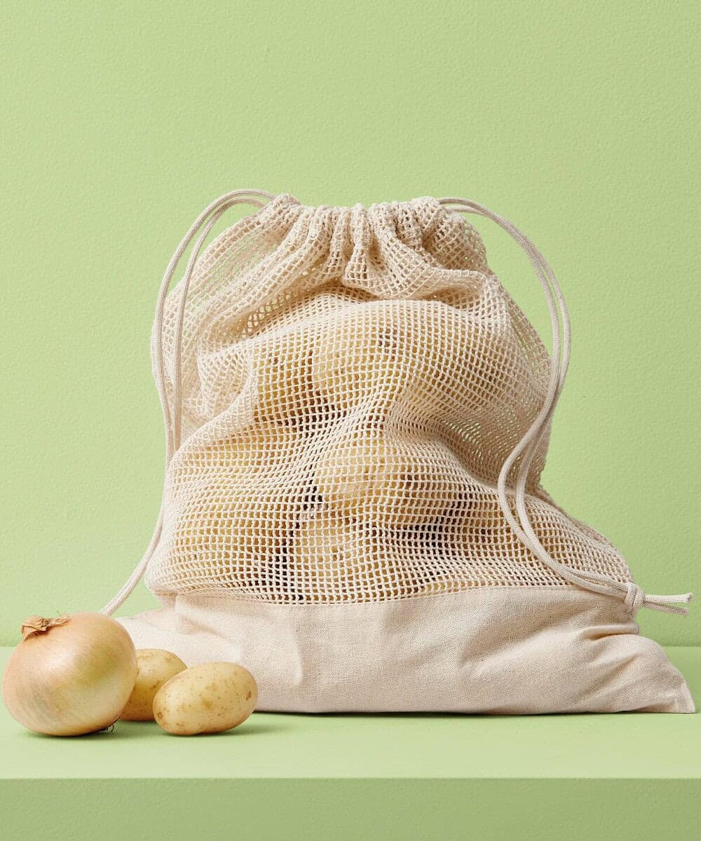 Reusable cotton mesh bag for shopping and storage.