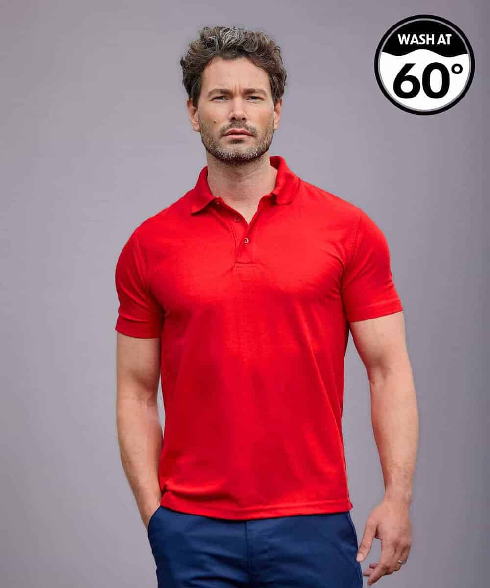 Man wearing a red embroidered polo shirt, suitable for work uniforms.