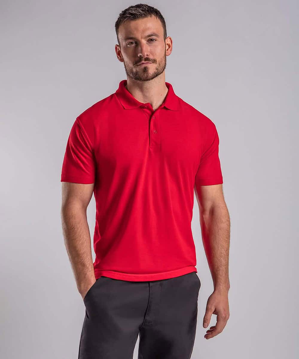 Man wearing a red embroidered polyester polo shirt, suitable for teamwear and business uniforms.