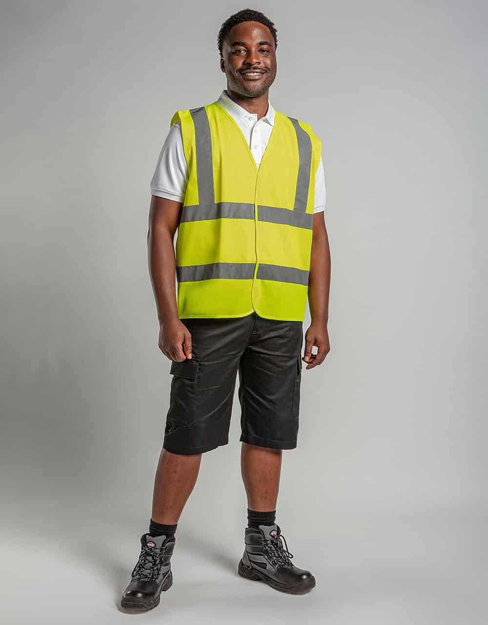 High visibility reflective safety vest for workwear and construction sites.