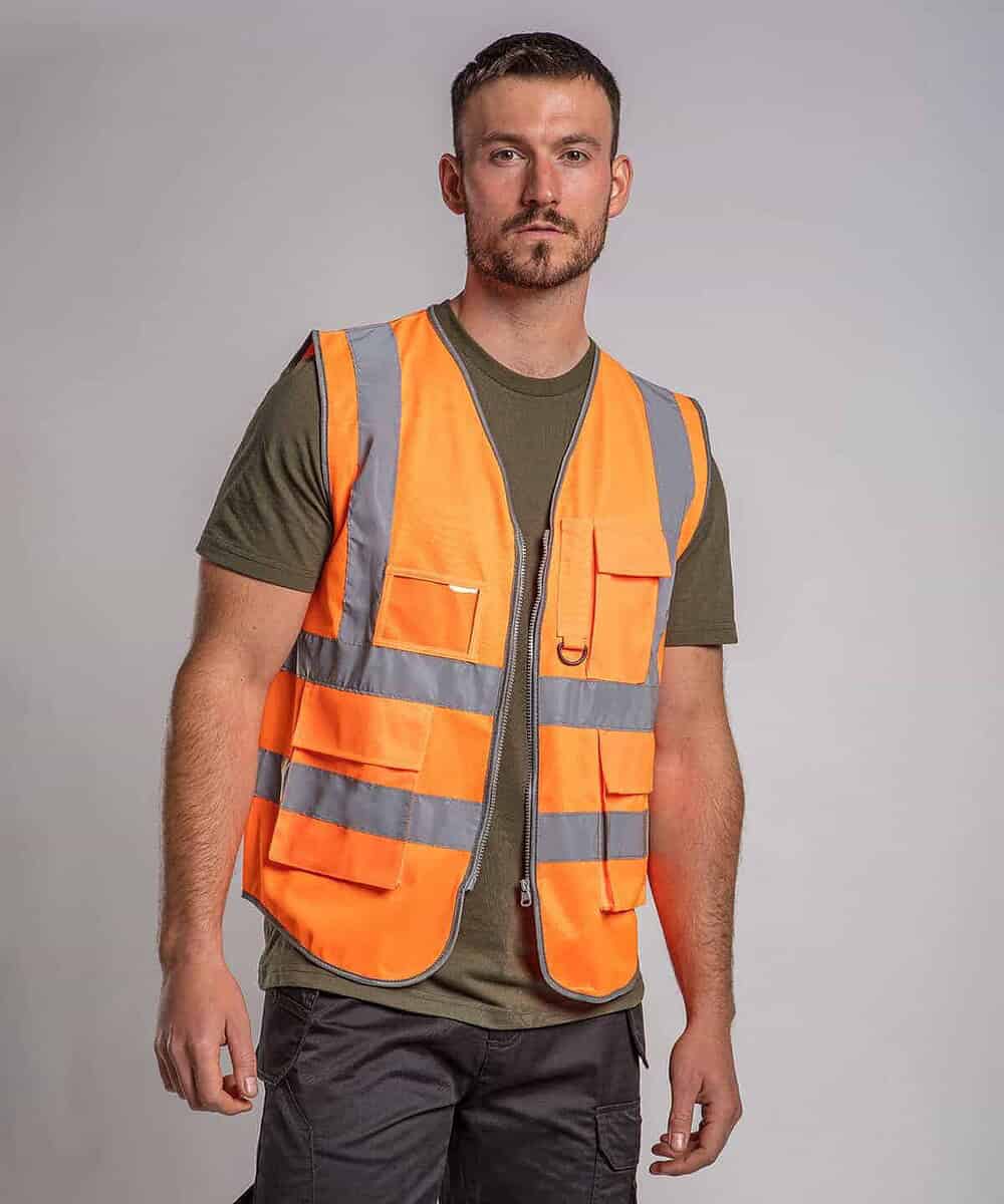 High visibility waistcoat with reflective strips for safety. Perfect for work crews needing visibili.