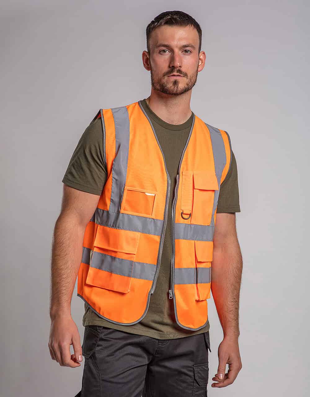 High visibility reflective safety vest for workwear and uniform embroidery, men's orange safety vest, personalised work clothing, dynamic embroidery.