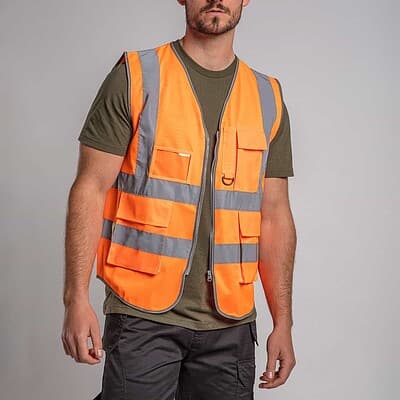 High visibility waistcoat with reflective strips for safety. Perfect for work crews needing visibili.