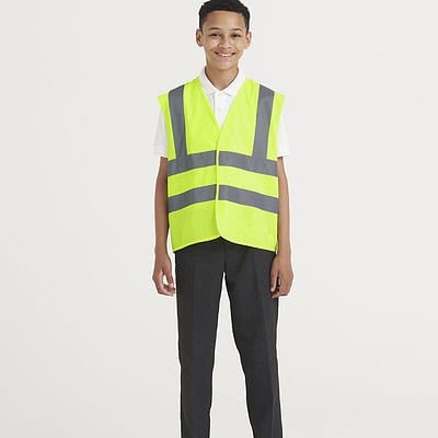 Child wearing high visibility yellow waistcoat with reflective stripes for safety.