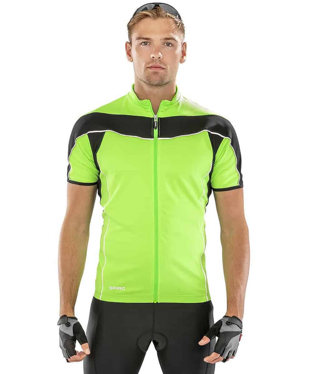 Bright green Spiro S188M bikewear full-zip top with black accents, ideal for cycling and active work.
