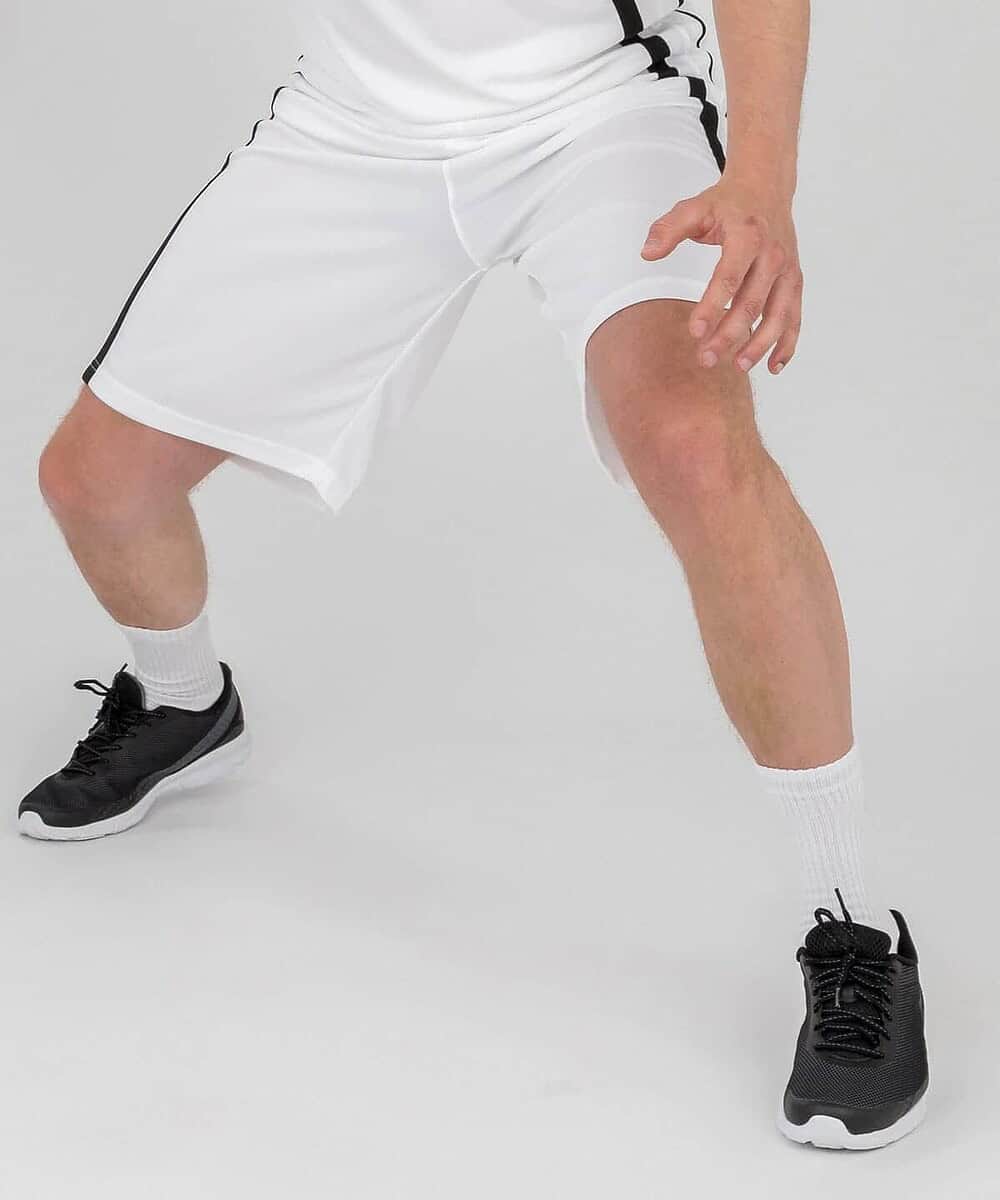 White basketball shorts with black side stripes, suitable for sports and casual wear.