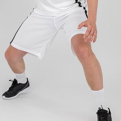 White basketball shorts with black side stripes, suitable for sports and casual wear.