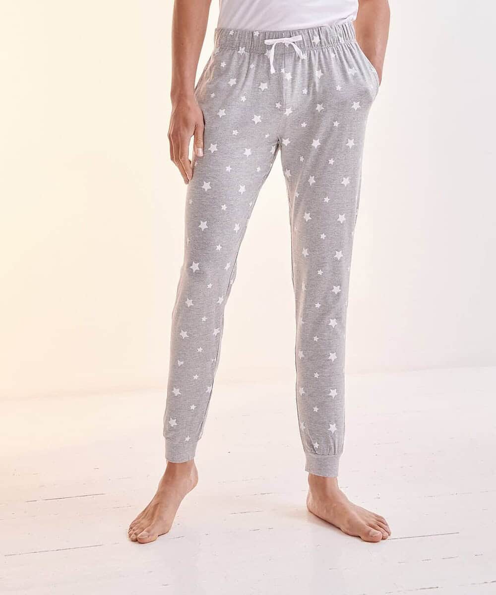 Comfortable grey lounge pants with star print for relaxed workwear and casual wear.