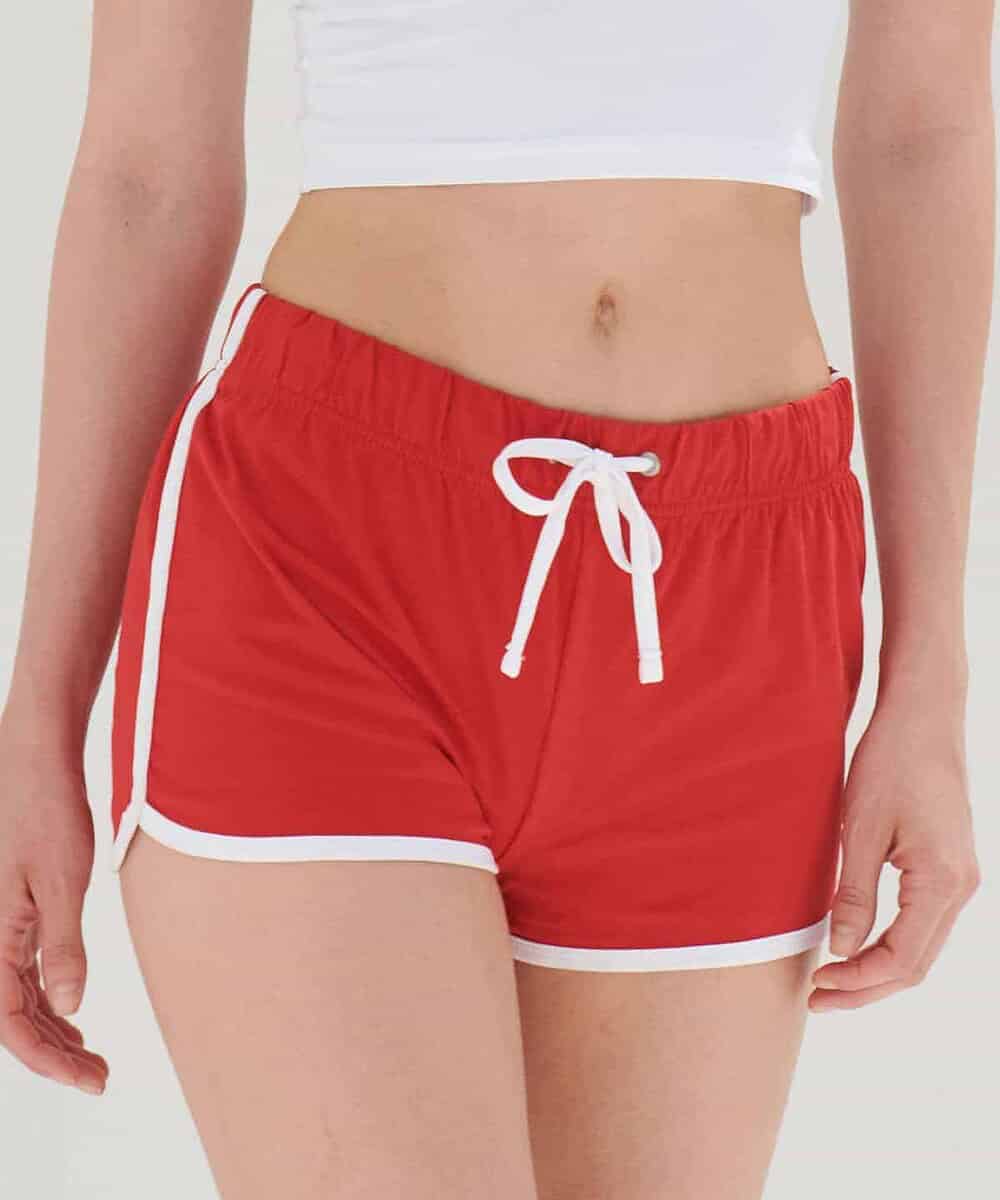 Red women's retro shorts with white trim and drawstring, perfect for sports or casual outfits.