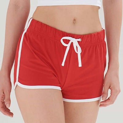 Red women's retro shorts with white trim and drawstring, perfect for sports or casual outfits.