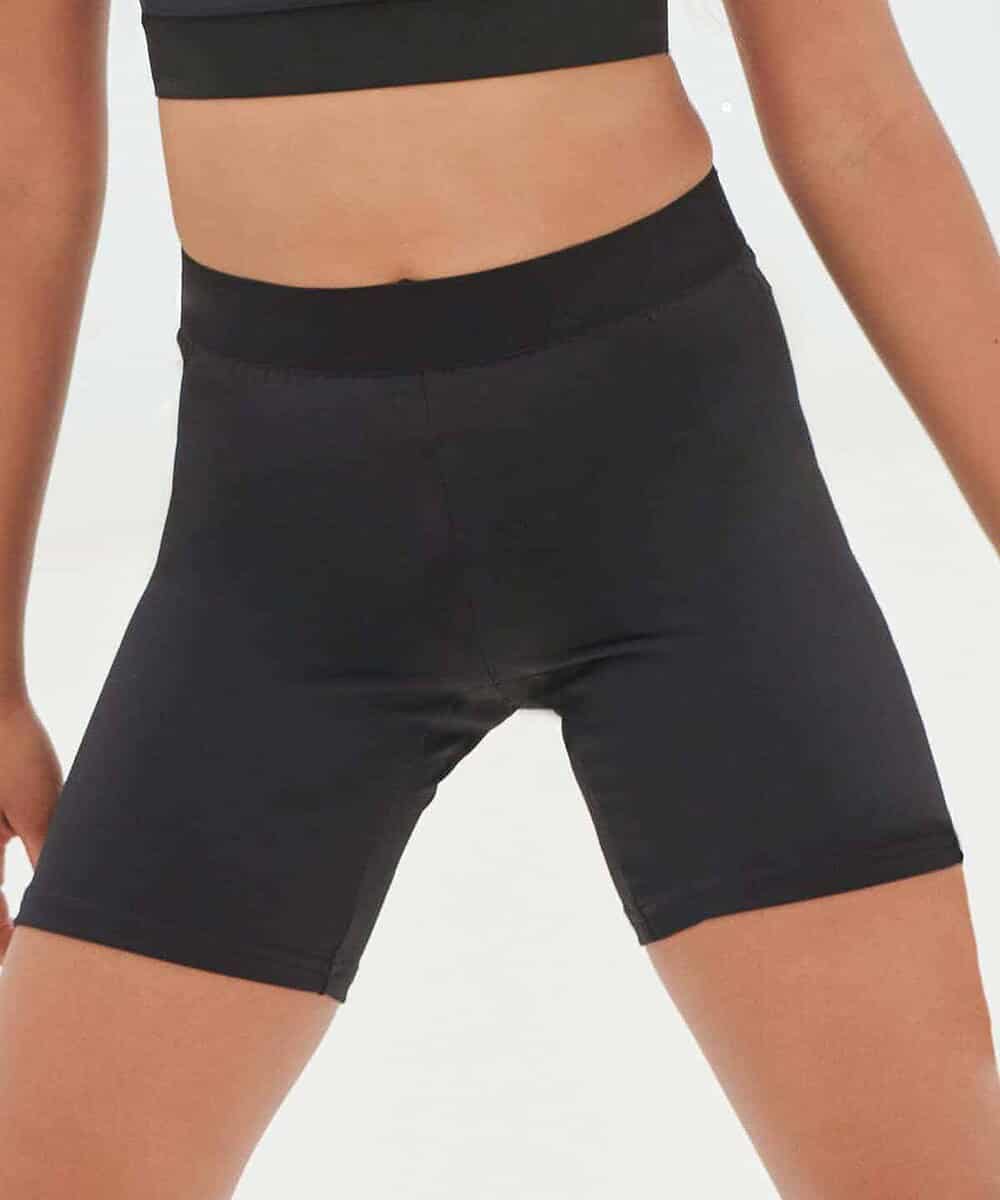 Close-up of black kids' cycling shorts, ideal for teamwear and sports activities.