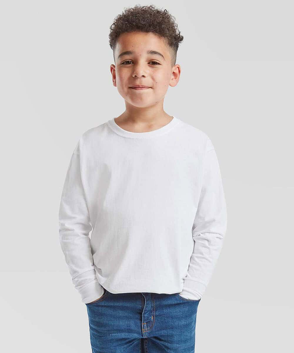 Kids long sleeve T-shirt in white, ideal for school and casual wear, featuring comfortable fabric an.