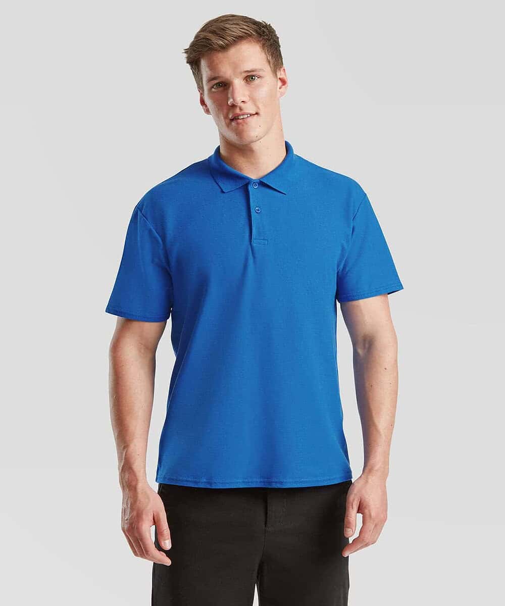 Man wearing a blue embroidered polo shirt, ideal for workwear and uniforms.