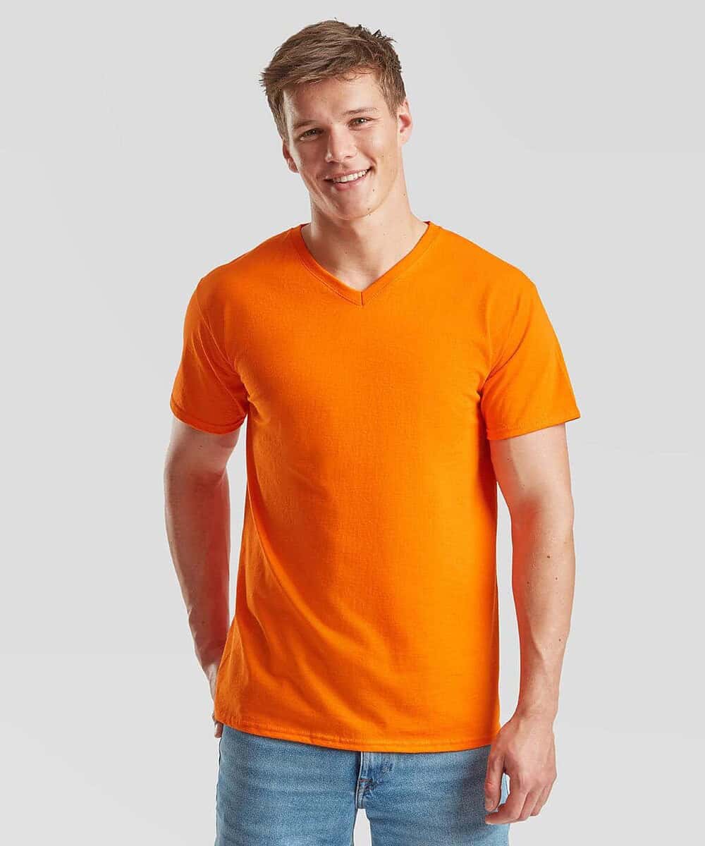 Bright orange Fruit Of The Loom V-Neck T-shirt for workwear and casual wear.