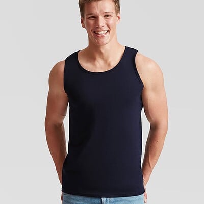 Man wearing navy athletic vest, ideal for workwear and team uniforms.
