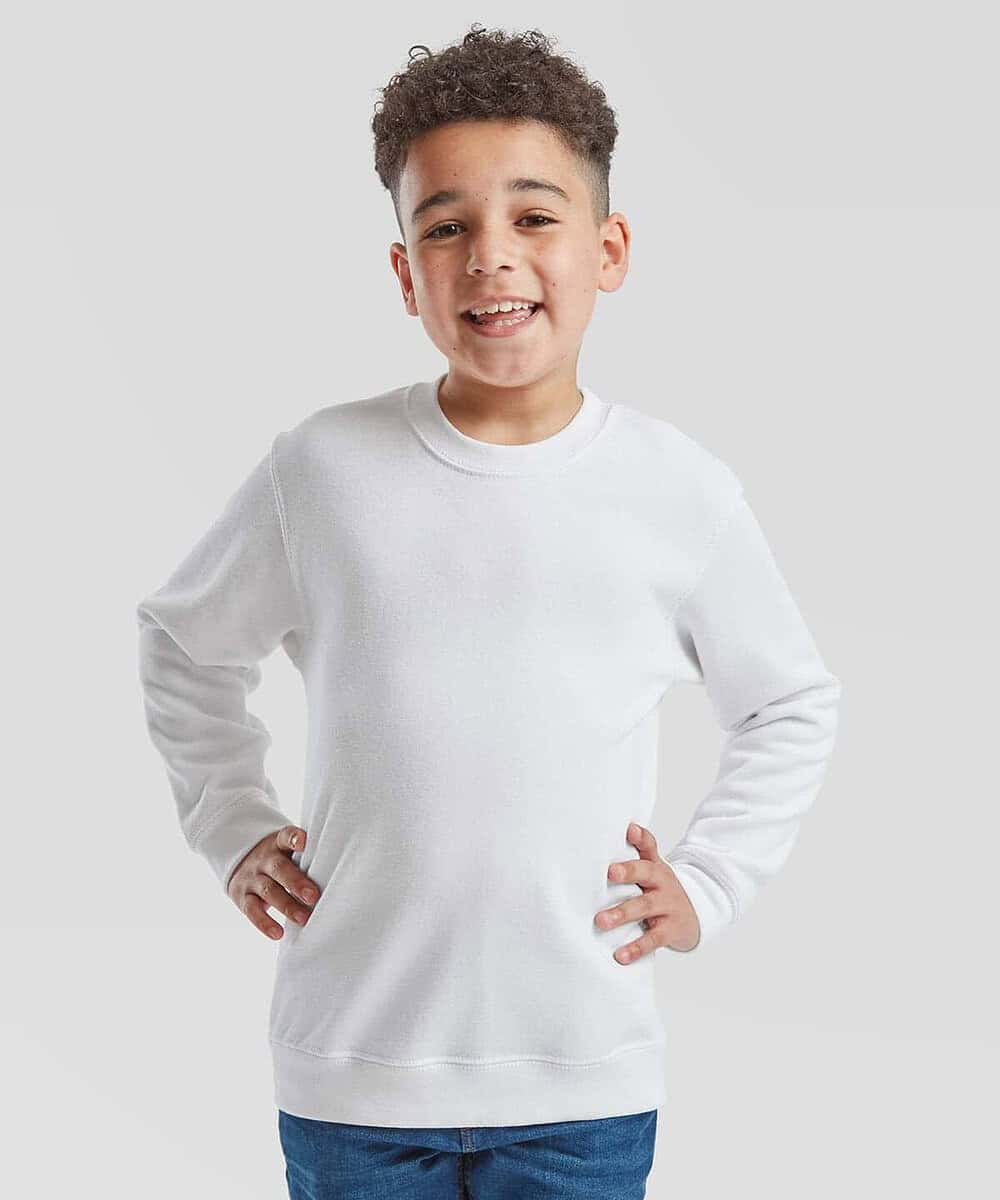 Child wearing a white embroidered sweatshirt, ideal for school and casual wear.